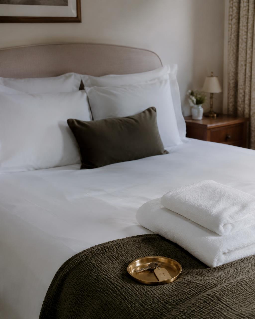 A guest bedroom prepared with fresh linen and towels